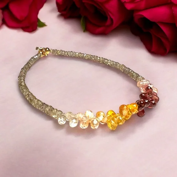 Natural Green , Plum and Yellow Sapphire Bracelet Handmade Solid 14K Yellow Gold - Picture 10 of 11